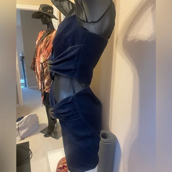 Versace denim stretch mesh black dress 8/10